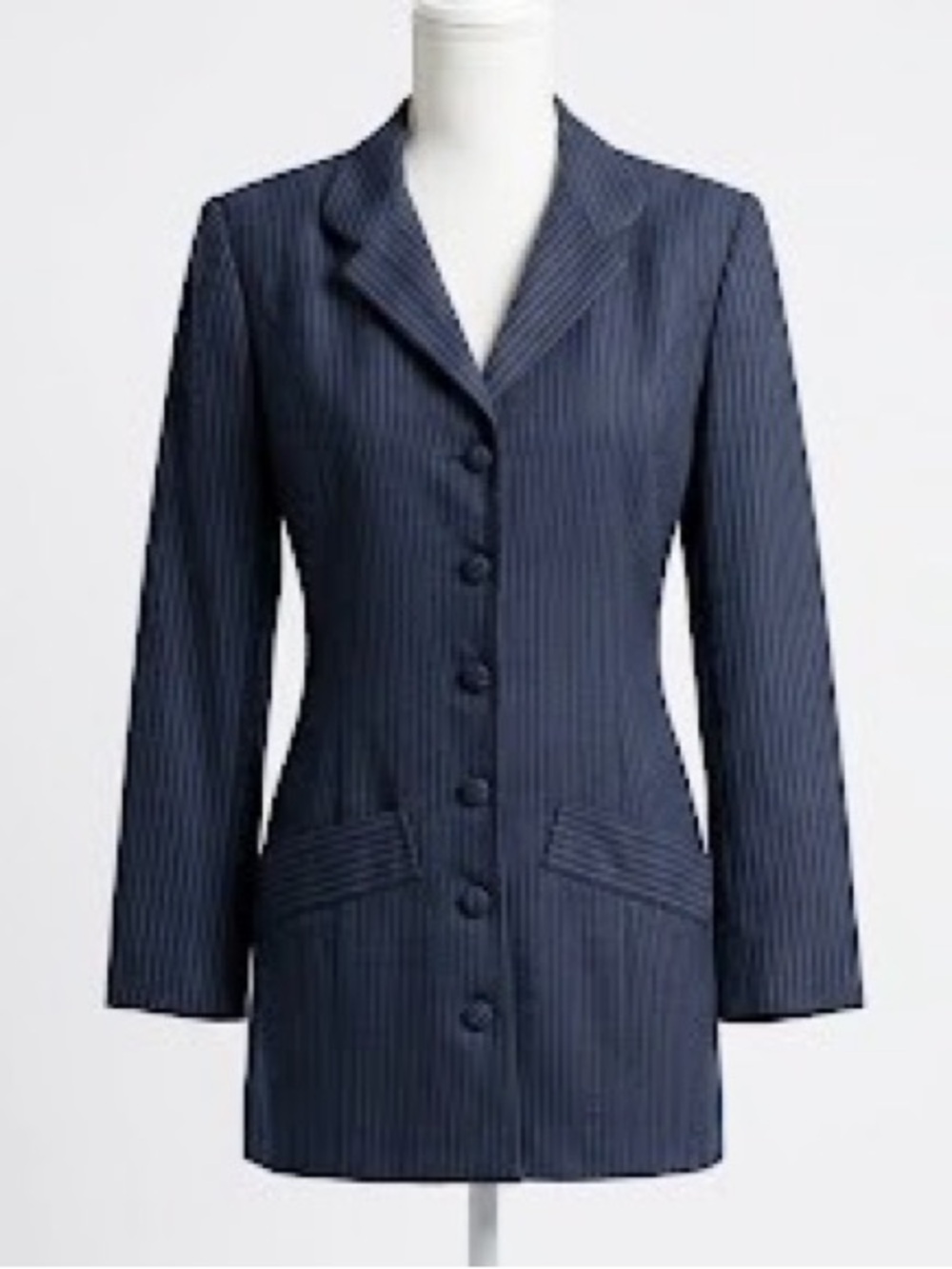 Vintage Giraf Barbara De Vries London Navy Pinstripe Wool Blazer Size Small